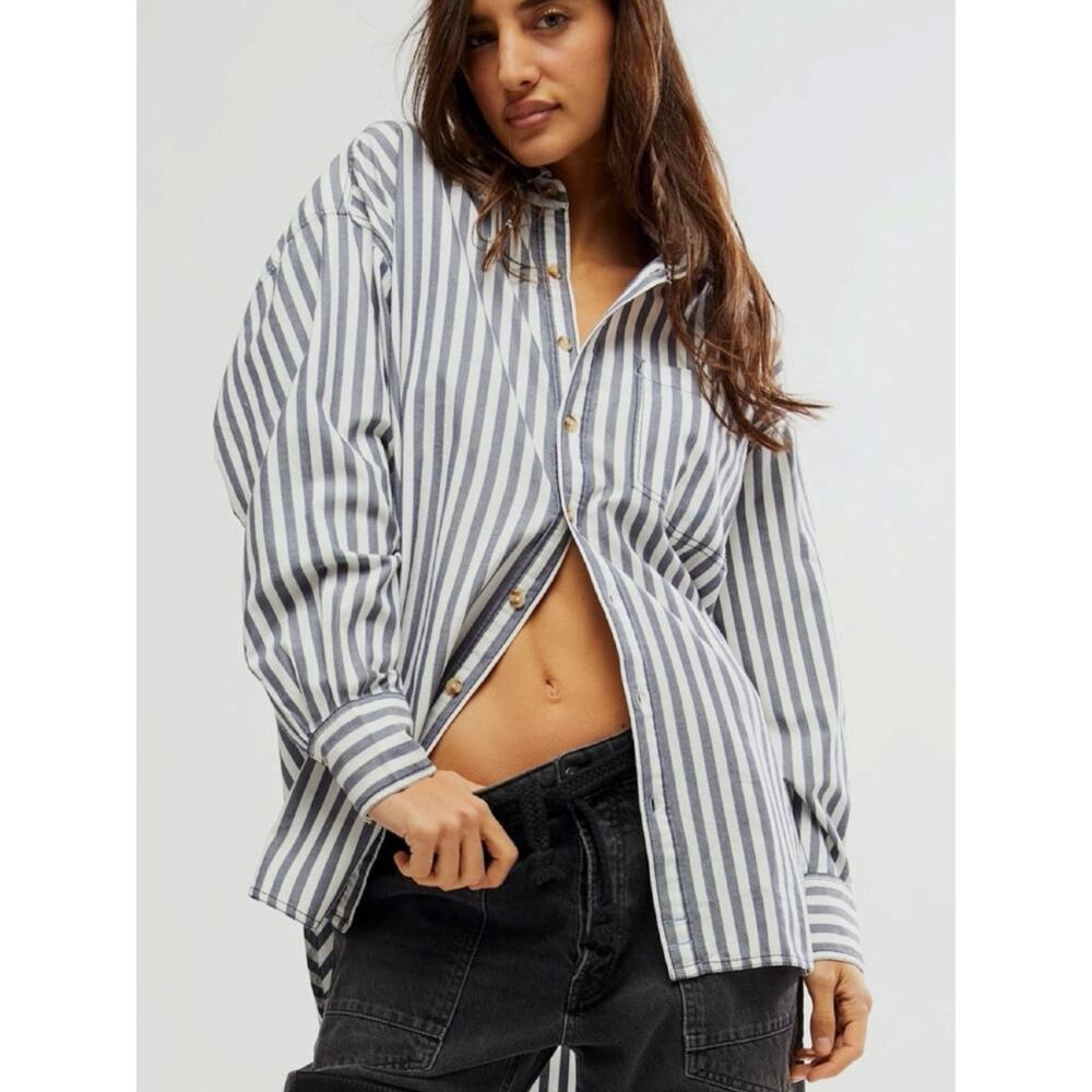 Free People Menswear Oversized Freddie Striped Shirt Nautical Navy Size Medium - Picture 6 of 15